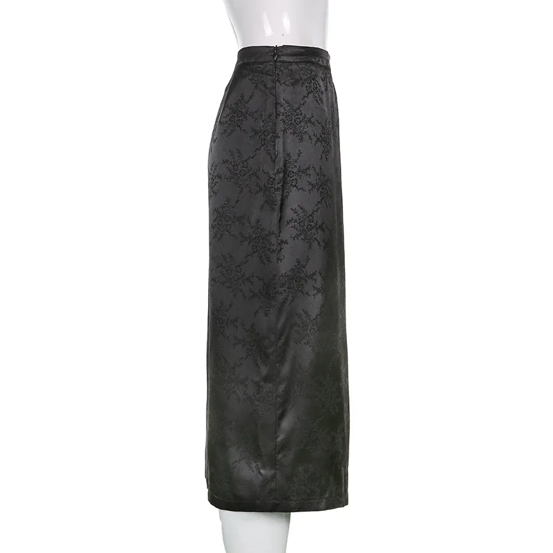 Women's Vintage Gothic High Waist Side Split Midi Skirts Floral Embroidery Bodycon Long Straight Skirts E-girl 90s Streetwear green skirt