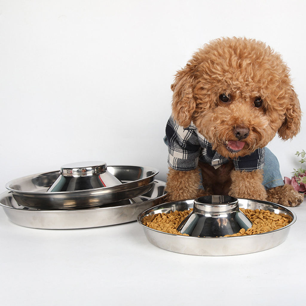 Practical Dog Cat Slow Bowls Stainless Steel Water and Food Feeder Silver Dish for Small Large Pets Puppy
