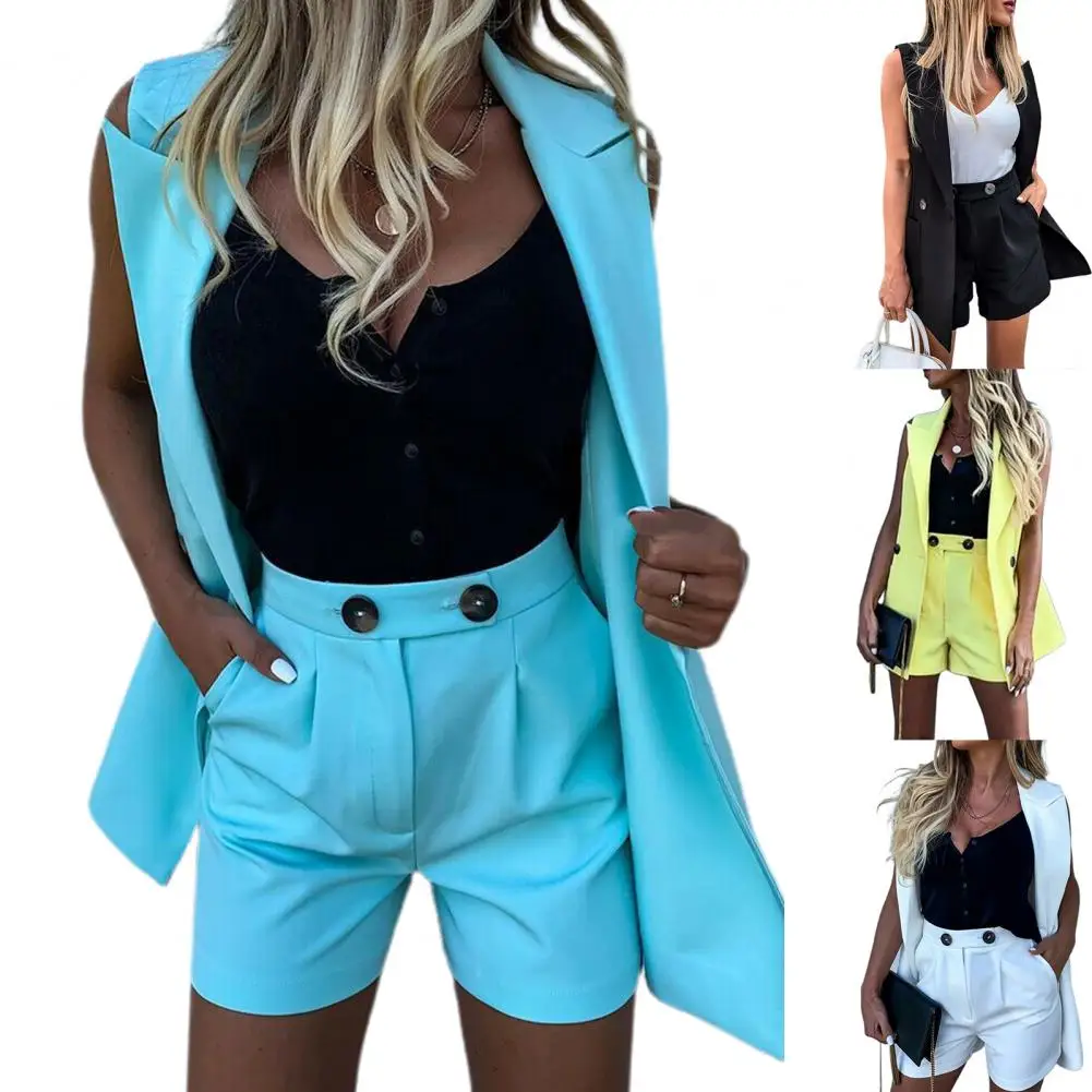 sweat suits women New Fashion Women Two Piece Set Suit Coat and Shorts Set Solid Color Vest Coat Single Button Sleeveless Blazers with Shorts Suit satin pajamas for women