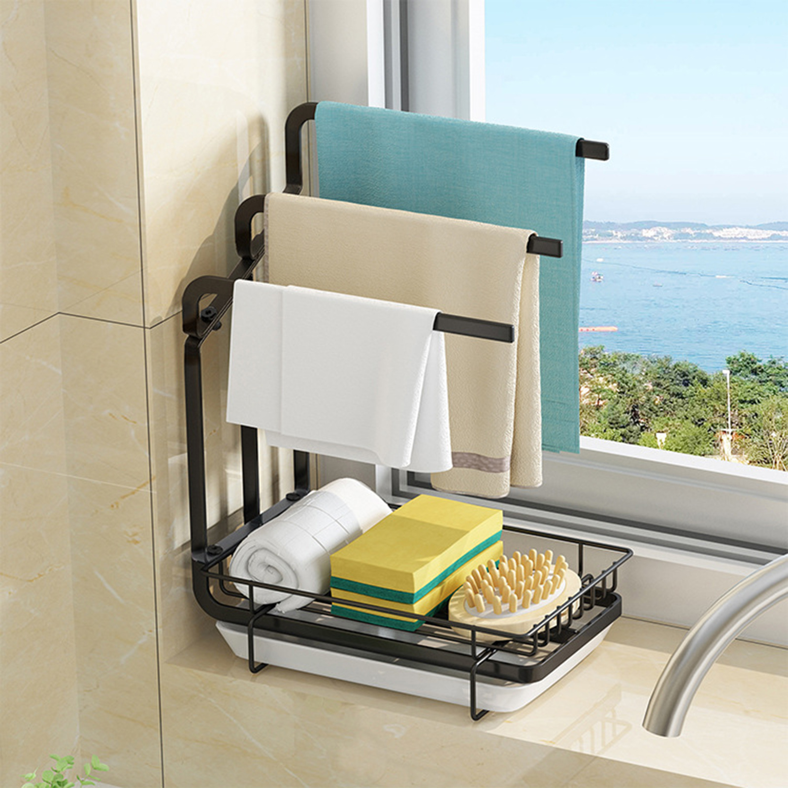 Drying Rack Countertop Storage Sink Organizer Sponge Brush Soap Dish Holder Towel Rack with Drain Pan for Kitchen Bathroom