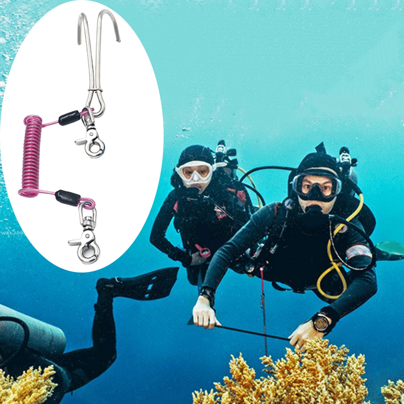 Scuba Diving Reef Hook Nylon Safe Line Quick-Release Spiral Coil Lanyard Double Dual for Cave Dive Water Sports