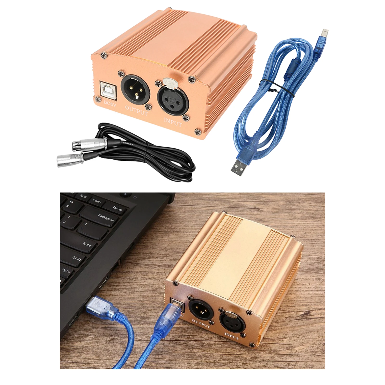48V Phantom Power Supply and 2m XLR 3 Pin Cable for Condenser Microphone