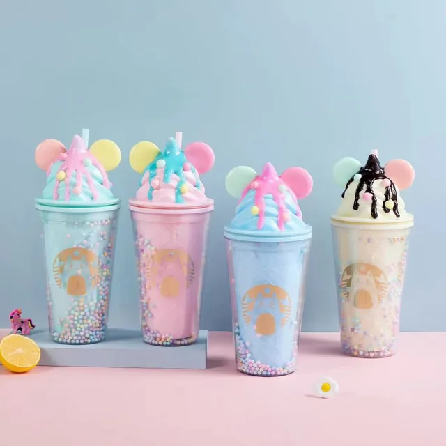 Ice Cream Lids Plastic Water Cups With Straw Kids Couple Milk Juice Drinks  Bottles Double Layer Plastic Mug From Esw_house, $7.8