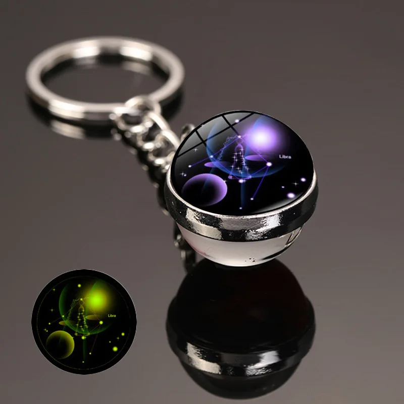 Fashion 12 Constellation Keychain Luminous Double Sided Glass Ball Keyring Gifts 