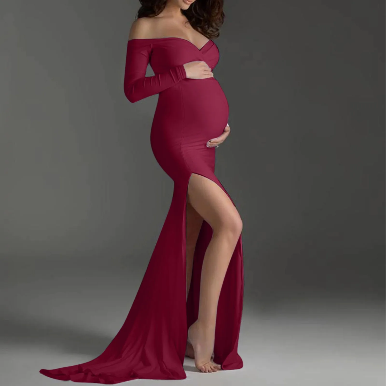 mulheres grávidas sexy fotografia adereços fora do ombro vestido com decote em vestidos senhoras maternidade cauda fenda longo vestido de uma peça