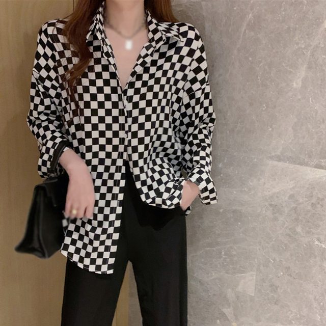 Women Long Shirt Sleeve Black Plaid Blouse | Black White Checkered