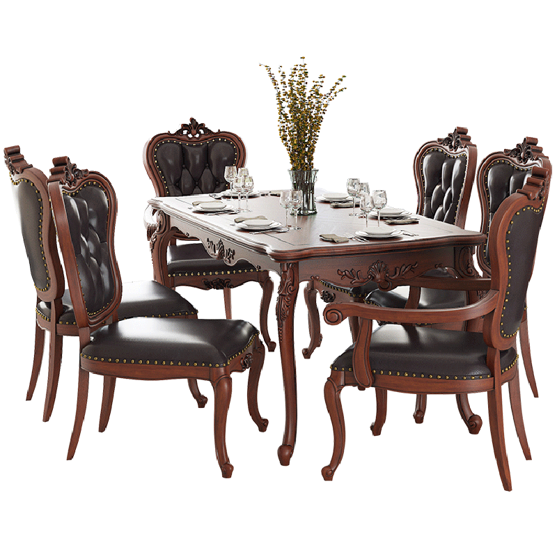 American Solid Wood Leather Dining Table and Chair Combination European