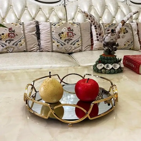 Mirrored Vanity Tray with Metal Frame Ornate Tray for Perfume, Jewelry and Makeup Organizer Food Fruit Serving Tray Plate