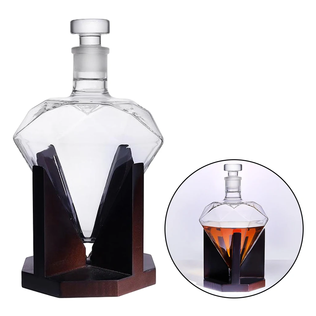 Whiskey Decanter Diamond Shaped with Wooden Holder ? Elegant Handcrafted