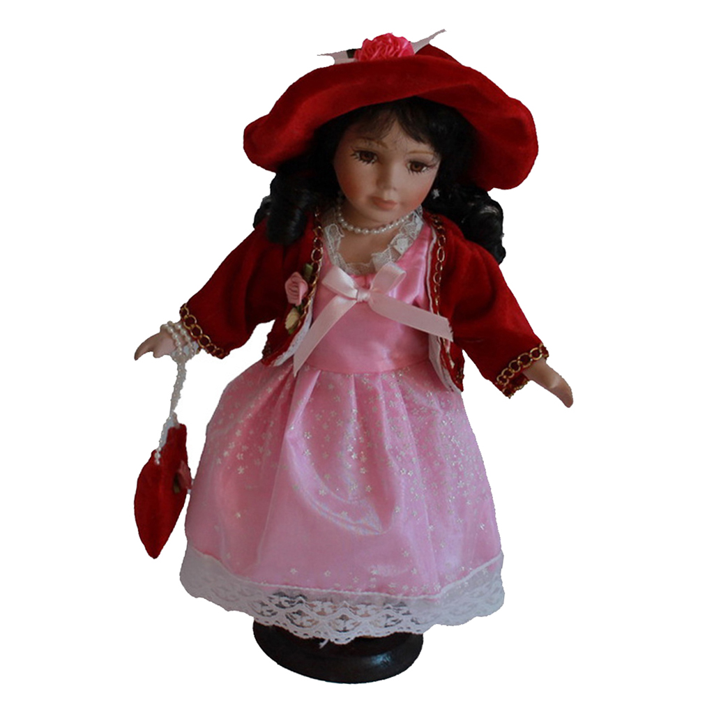 Porcelain Doll 12'' Standing with Pink Dress Victoria Style W/Display Stand