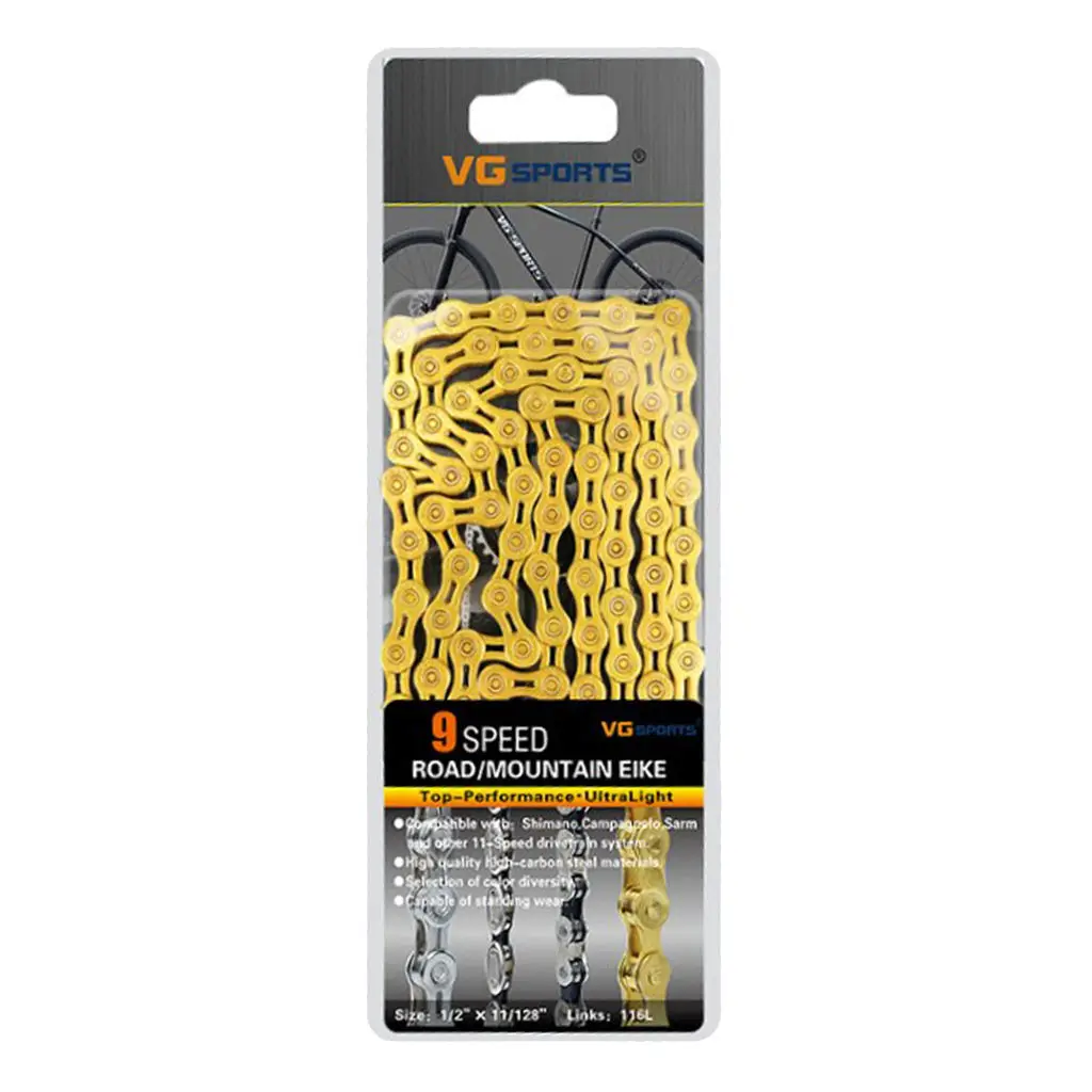9/10 Speed Ultralight Bicycle Chain Half Hollow 116L Road Bike Chains - Gold, Silver