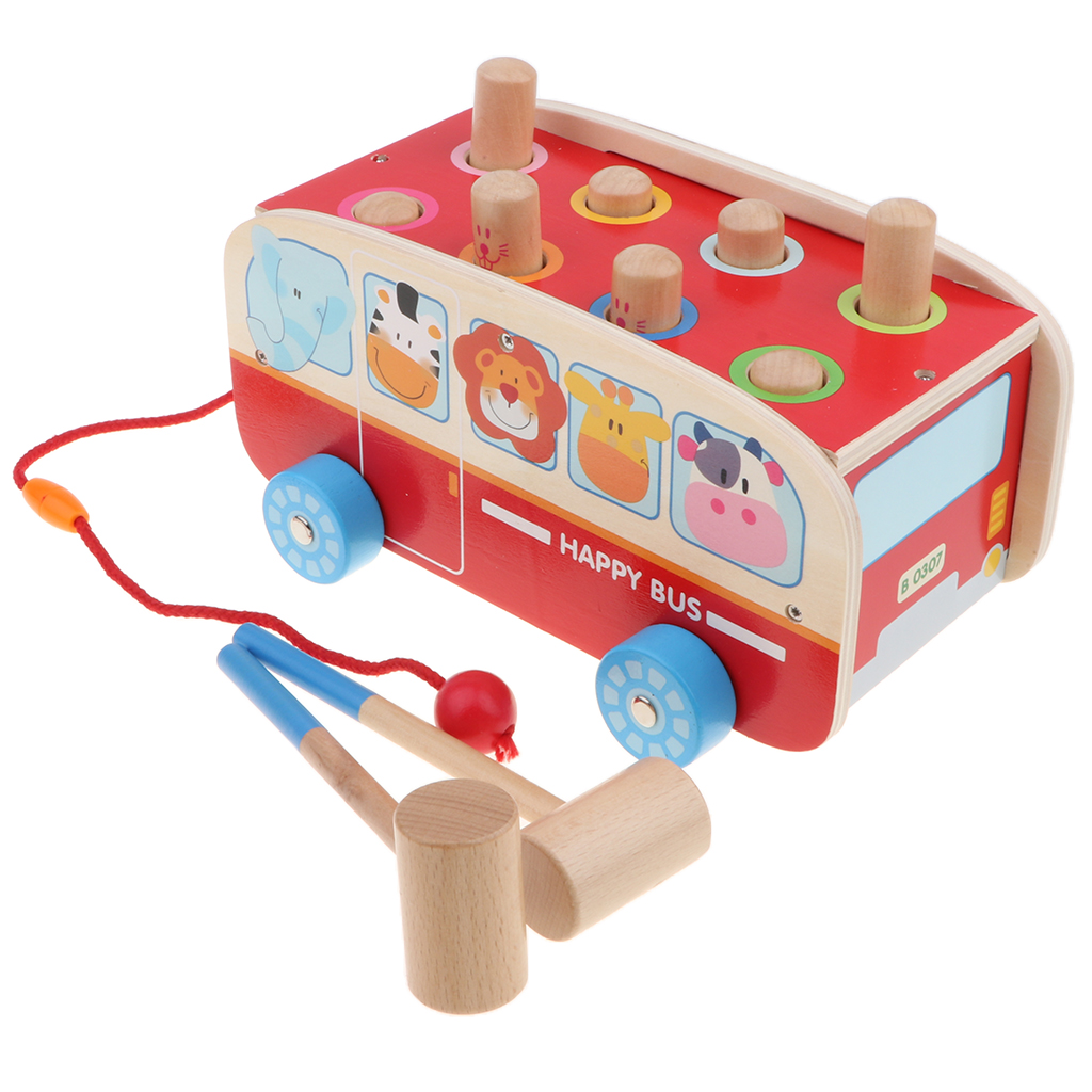 Wooden Bus Vehicles Pulling Car Knockout Ball Game Kids Baby Toy Play Fun