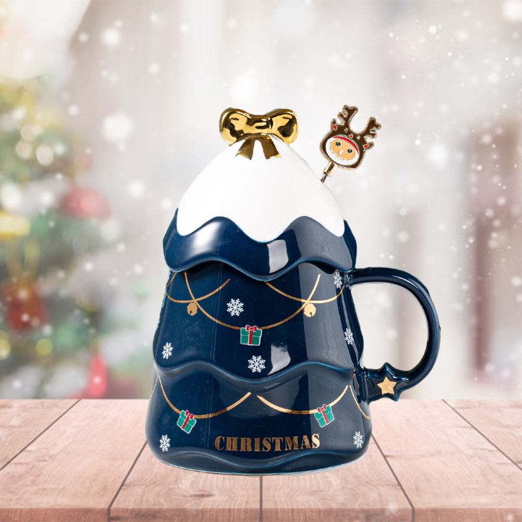 1PC Decorative Christmas Tree Coffee Mug 17oz Painted with Lid Novelty Drinking Mug Tea Cup for Daily use Men Women