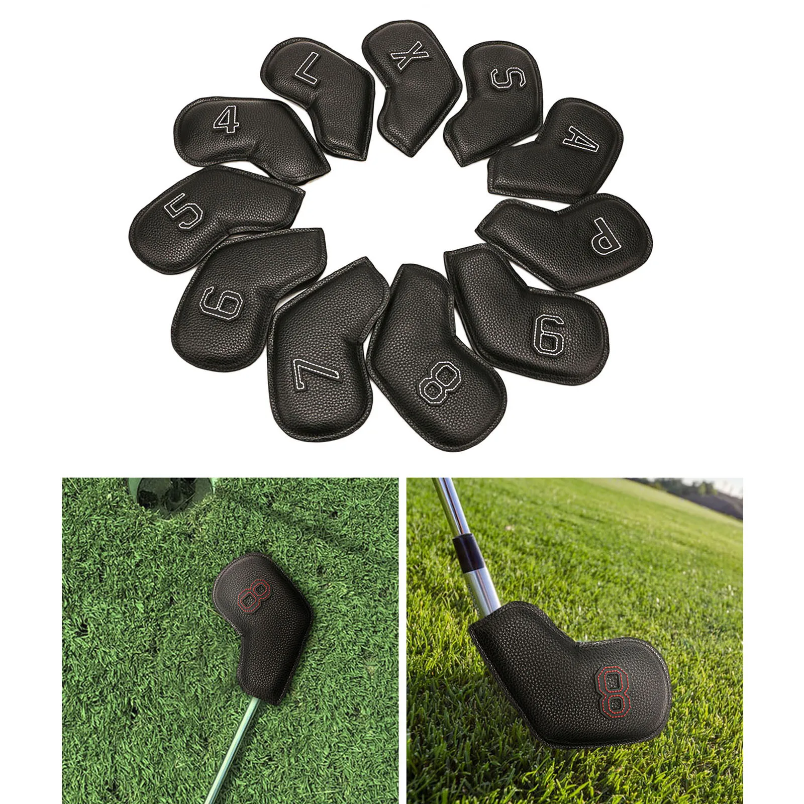11Pack PU Golf Club Iron Putter Head Cover Protector Waterproof Headcover with Double-sided Identification Number White Letter