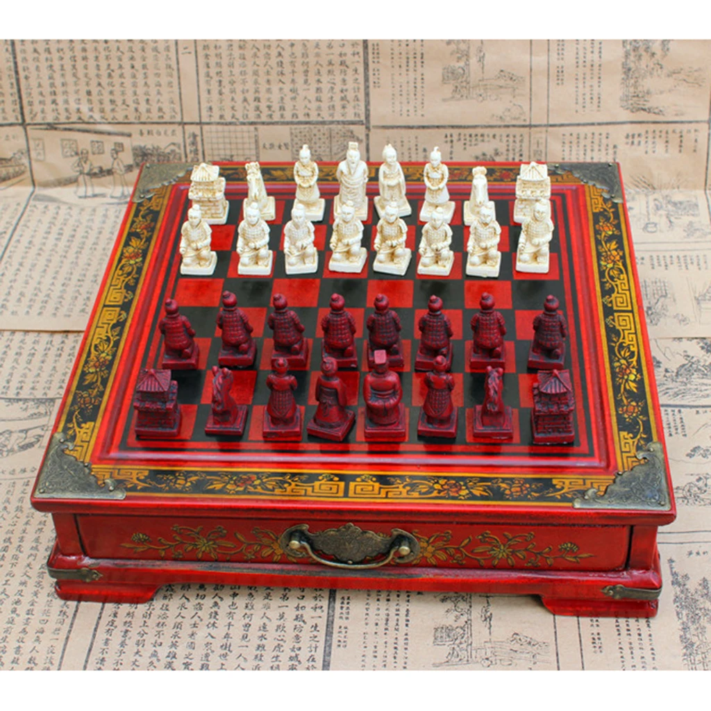 Wooden International Chess Set - Antique Finish Style Board with Terracotta Figures, 10 x 10 x 2.5 inch Chessboard