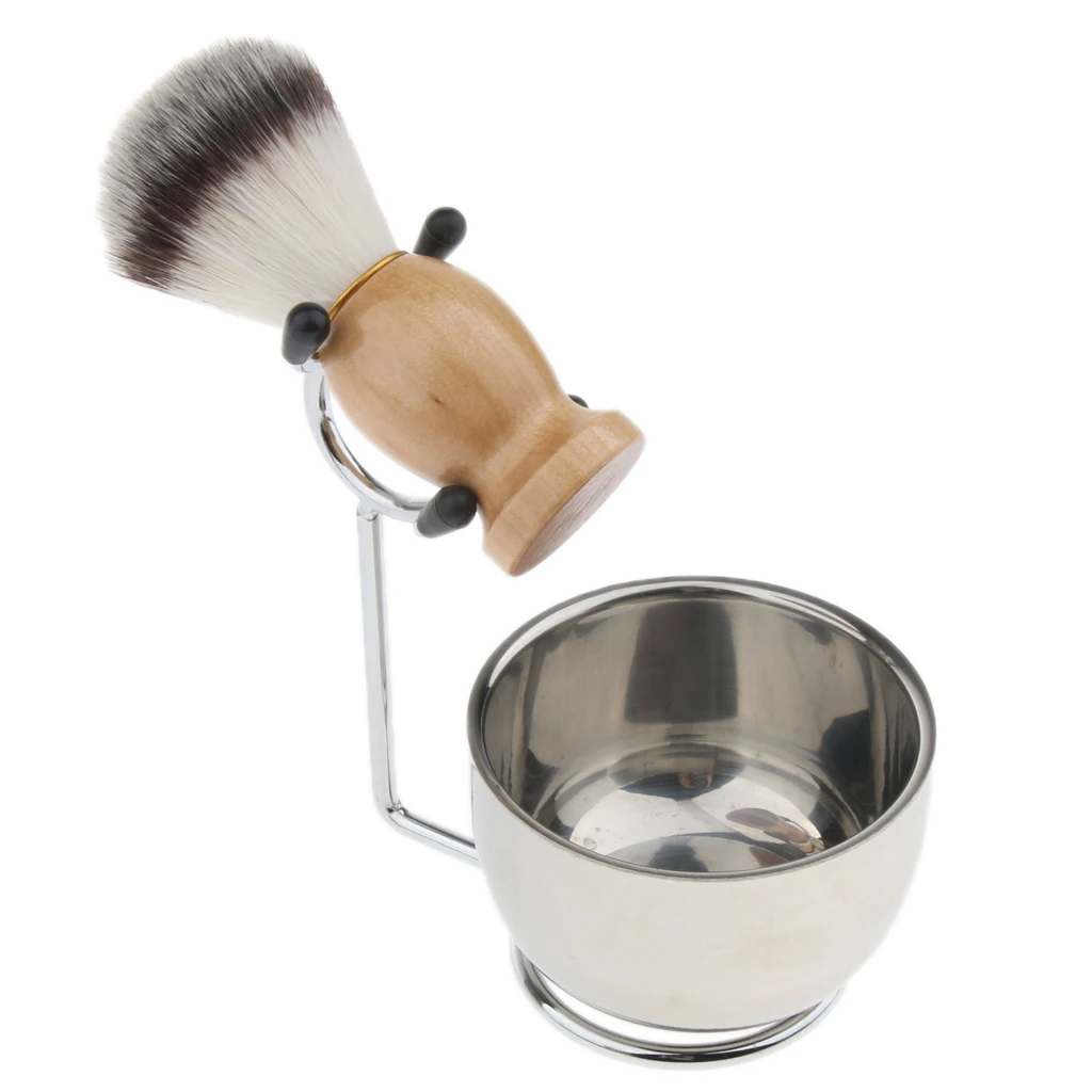 3 in 1 Male`s Beard Shaving Brush + Safety Stainless Stand Rack + Bowl Mug Kit