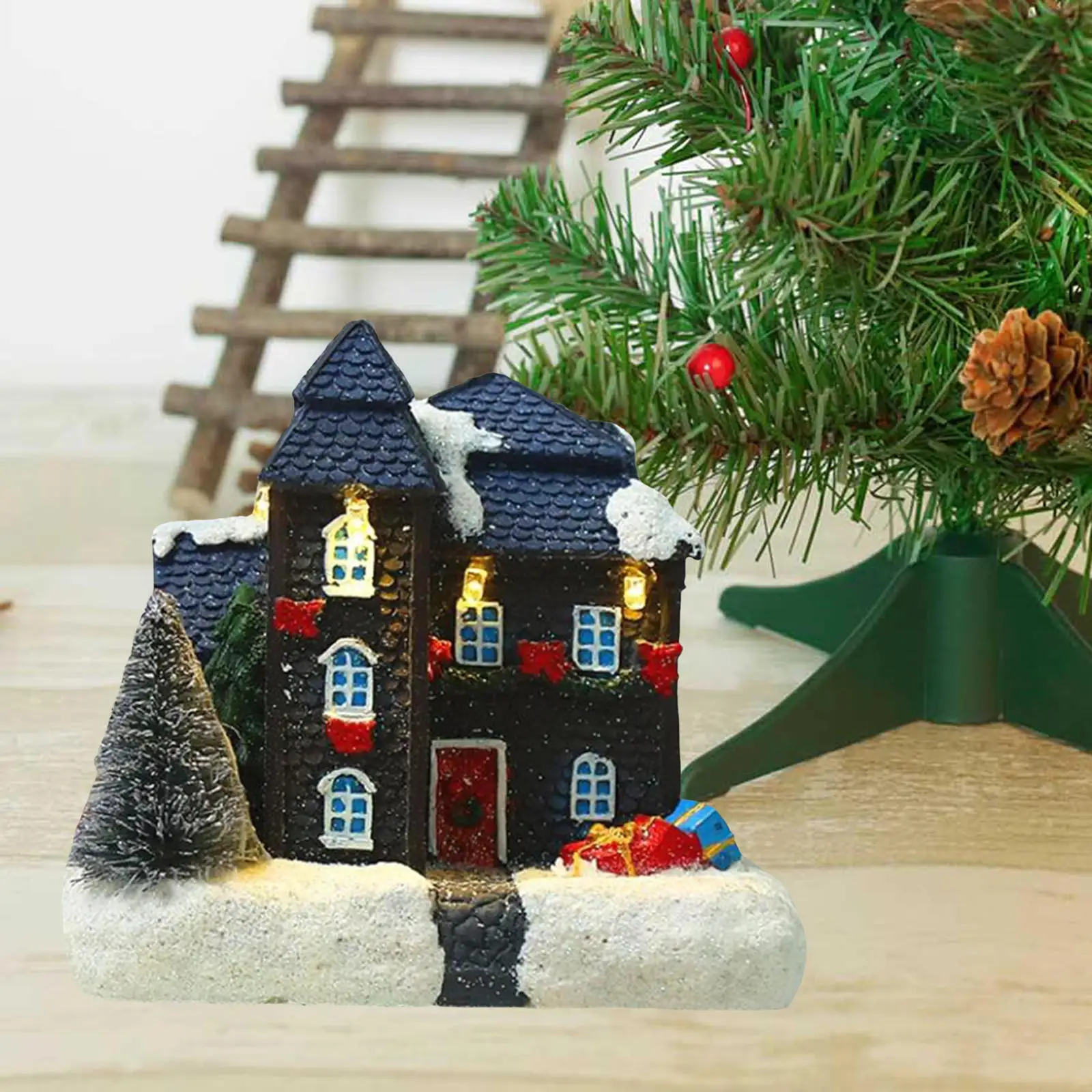 2 Pcs Christmas House LED Warm Light Snow Village Home Table Decor Gift