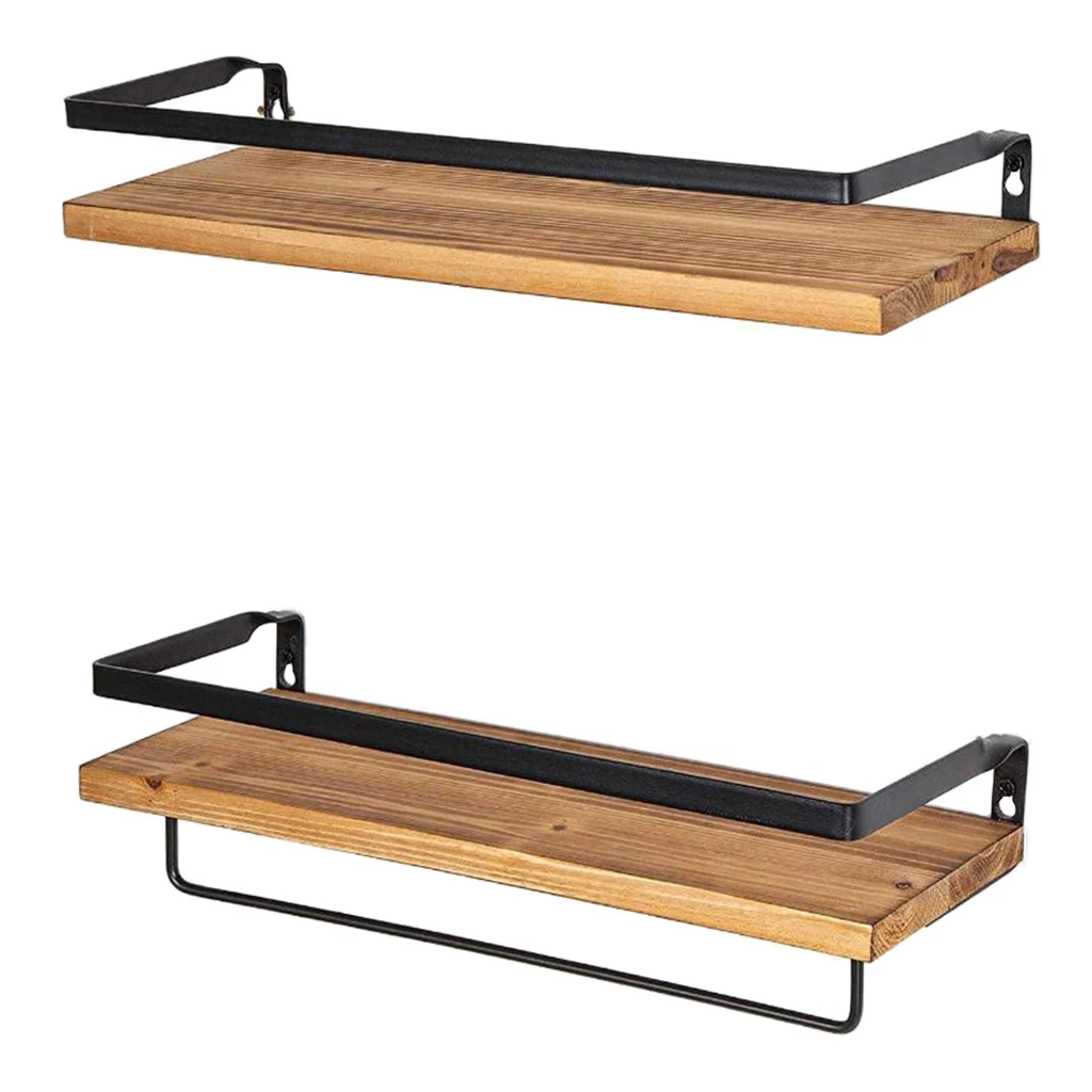 Rustic Floating Shelves for Wall Set of 2pcs Wall Mounted Storage Shelf, Metal Frame Wooden Rack, Towel Holder Hanger