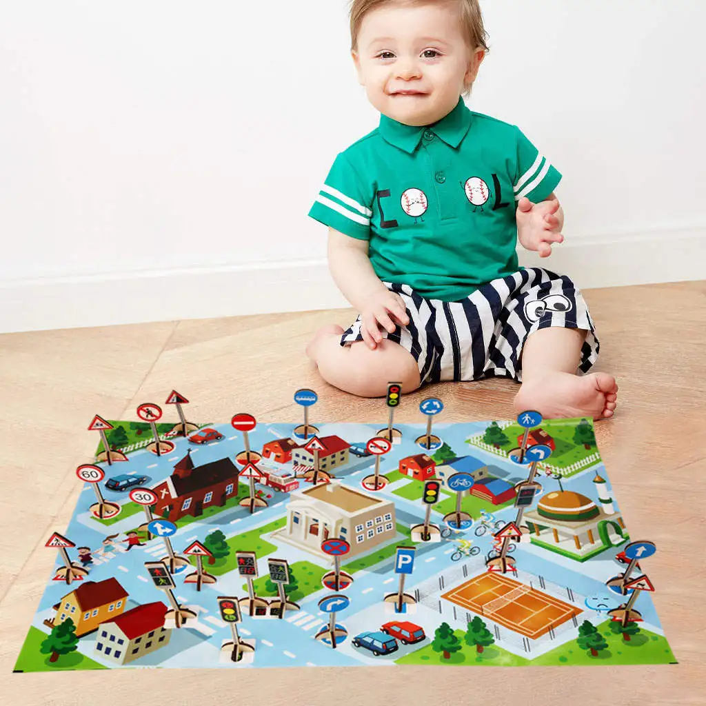 Wooden Street Signs Playset Traffic Knowledge Learning Landmark Model for Children