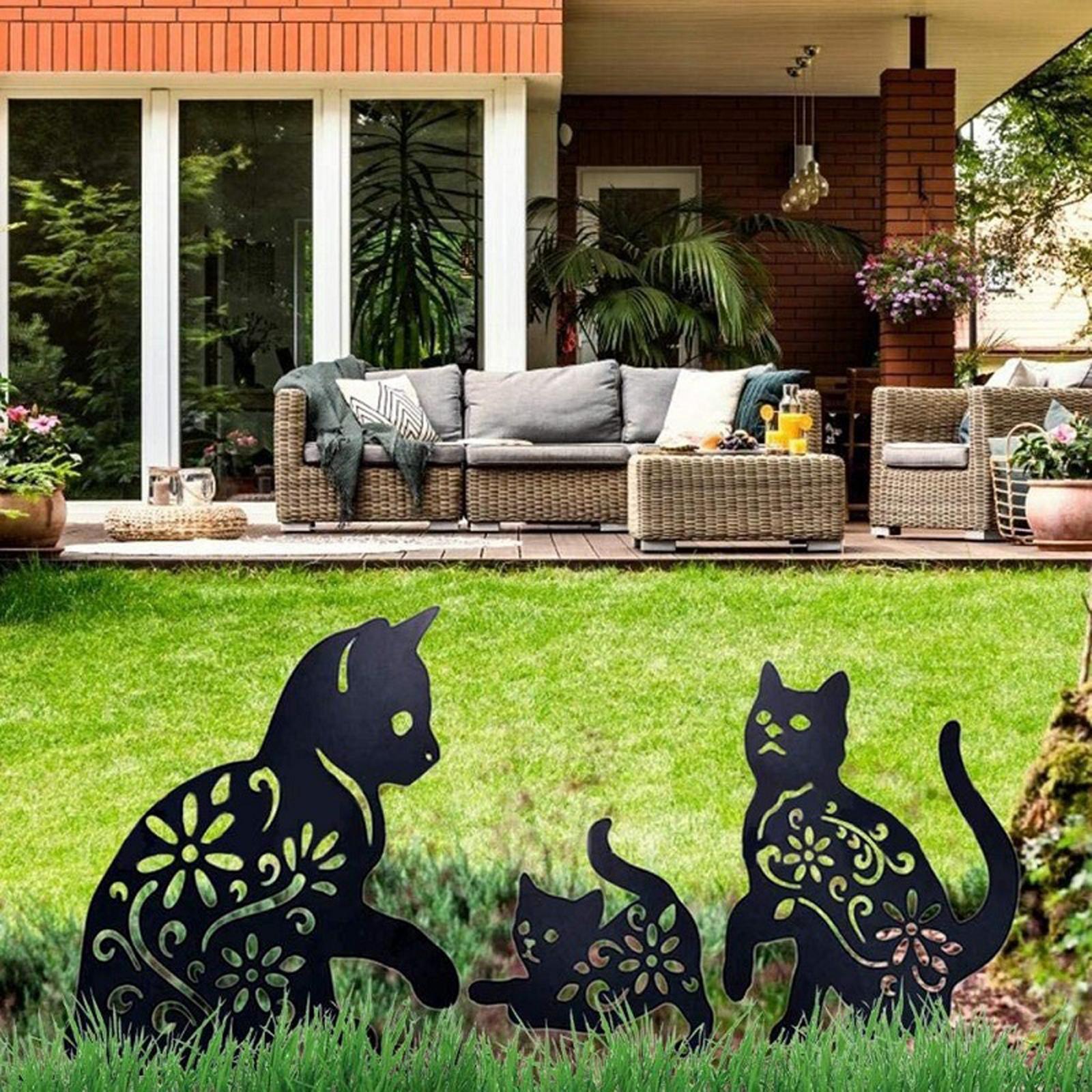 Animal Decorative Metal Garden Art Cats Statue Stakes Yard Decor Ornaments