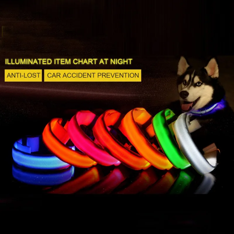 Pet Dog Collar LED Light Up Night Safety Dog Collar Nylon Luminous Flashing Glowing Necklace Battery Supply
