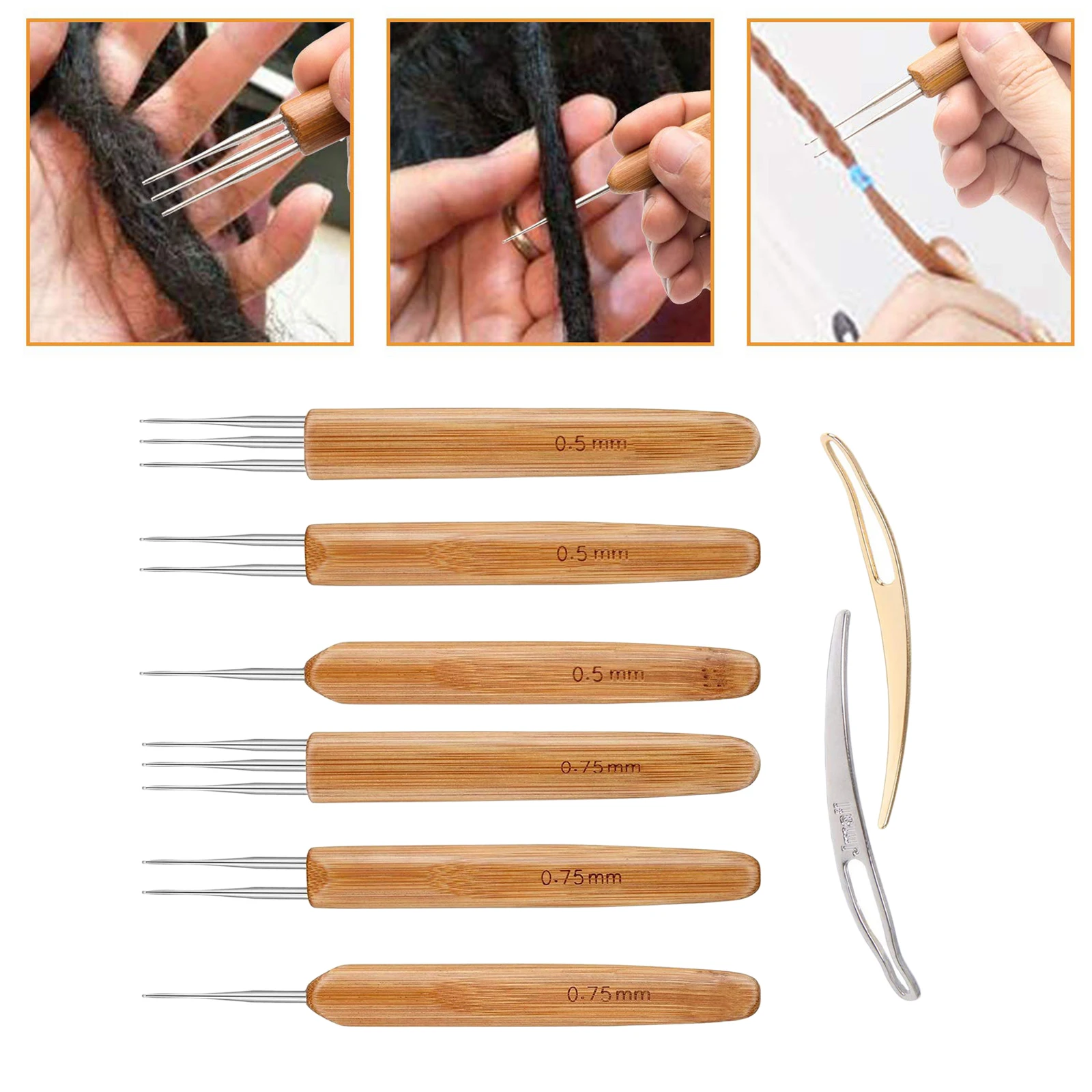 8pc/Set 0.5/0.75mm 1/2/3 Head Bamboo Hair Weaving Crochet Needles Dreading Hooks Dreadlock Tools for Braid Craft