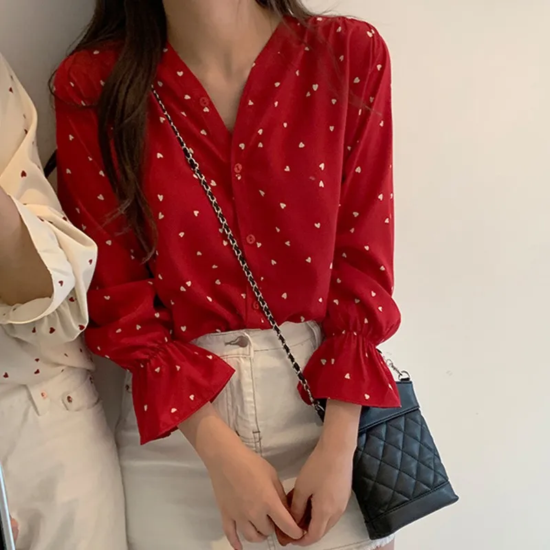 2021 Spring Women Chiffon Shirt Korean Long Sleeve Shirts Girls Streetwear Office Blouse Elegant Lady Heart Print Tops long sleeve tops