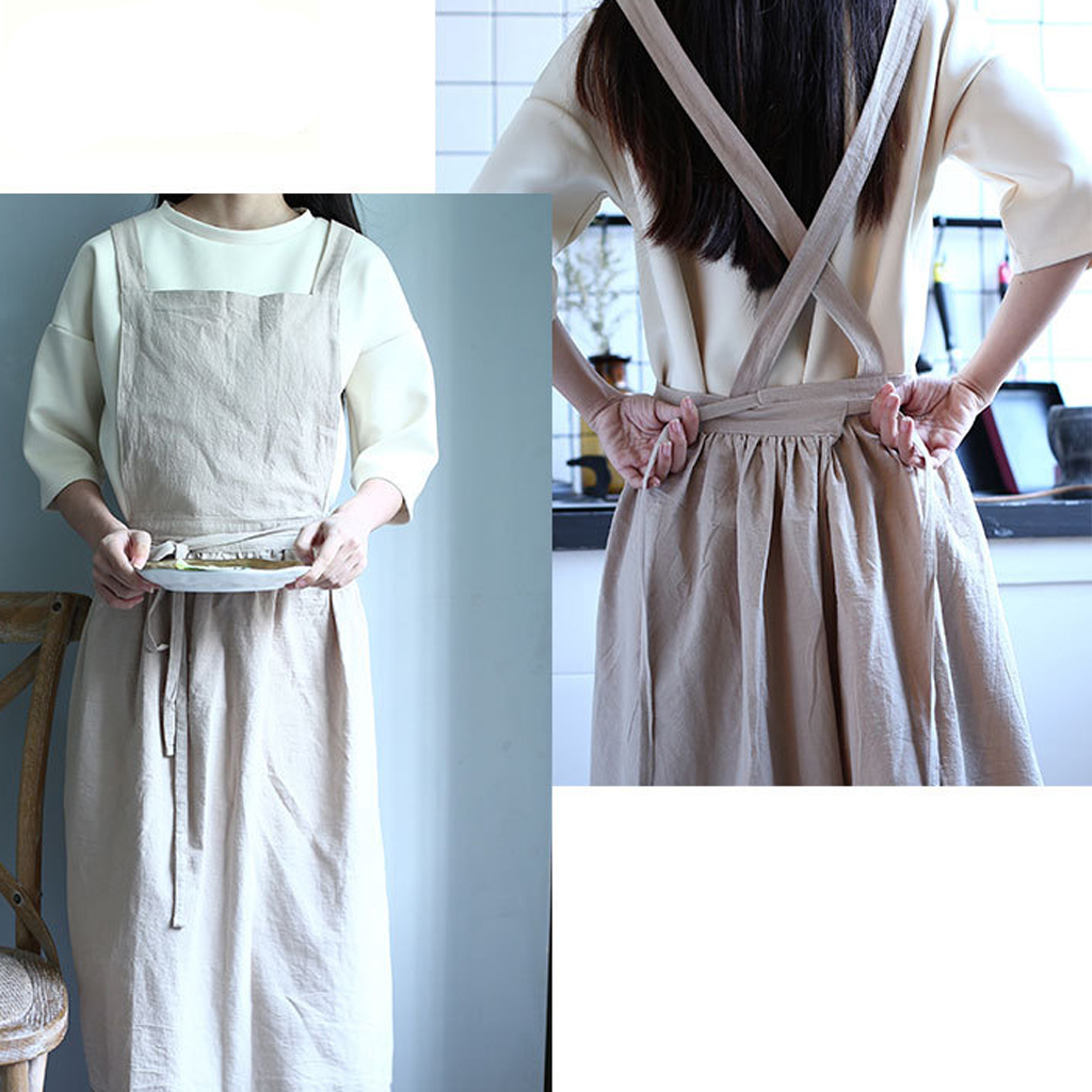 1pc Retro Women Cotton&Linen Apron Strap Pinafore Dress Restaurant Suit Home