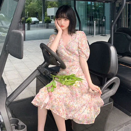 Dress Women Puff Sleeve Print Lovely All-match Students Pink Ins Summer Ulzzang Casual Chiffon V-Neck Soft Breathable Popular BF casual dresses