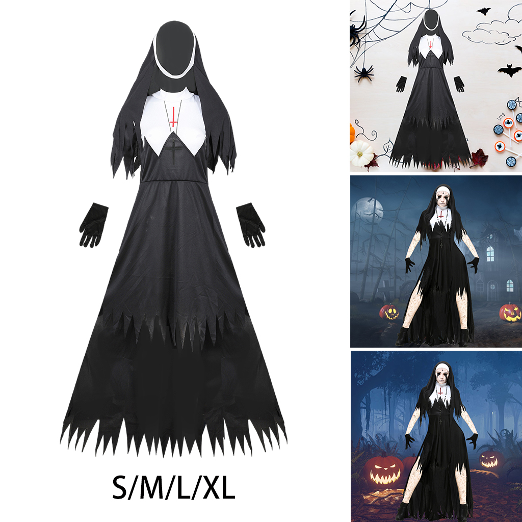 Women's Classic Bewitching Nun Halloween Costume Fancy Dress Hallowmas Cosplay for Ladies Girls Halloween Party Makeup Supplies