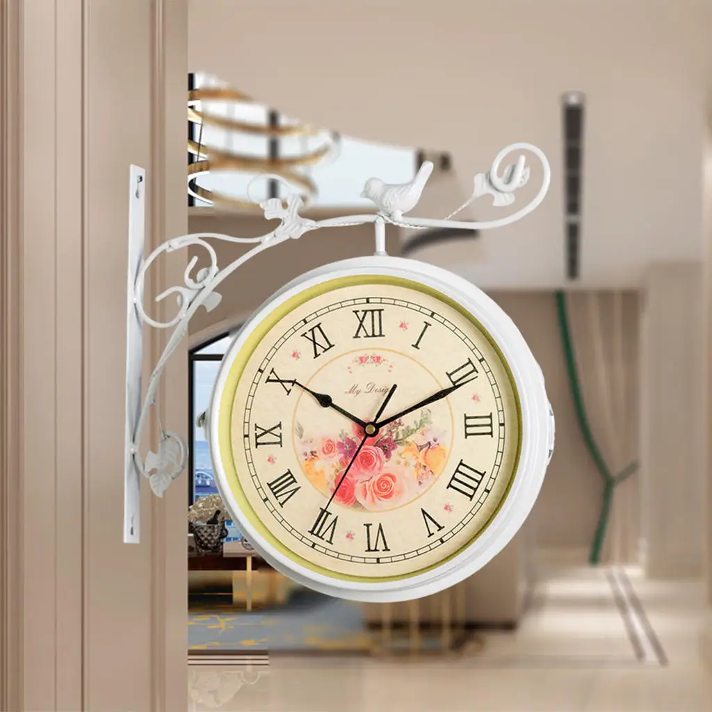 Wrought Iron Double Sided Retro Wall Hanging Clock Bedroom Garden Outdoor Decoration Decor
