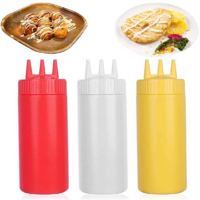 Bouteilles à Condiments 650ml - 3 Trous Pour Ketchup, Sauces - Lot De 3 - PE Souple