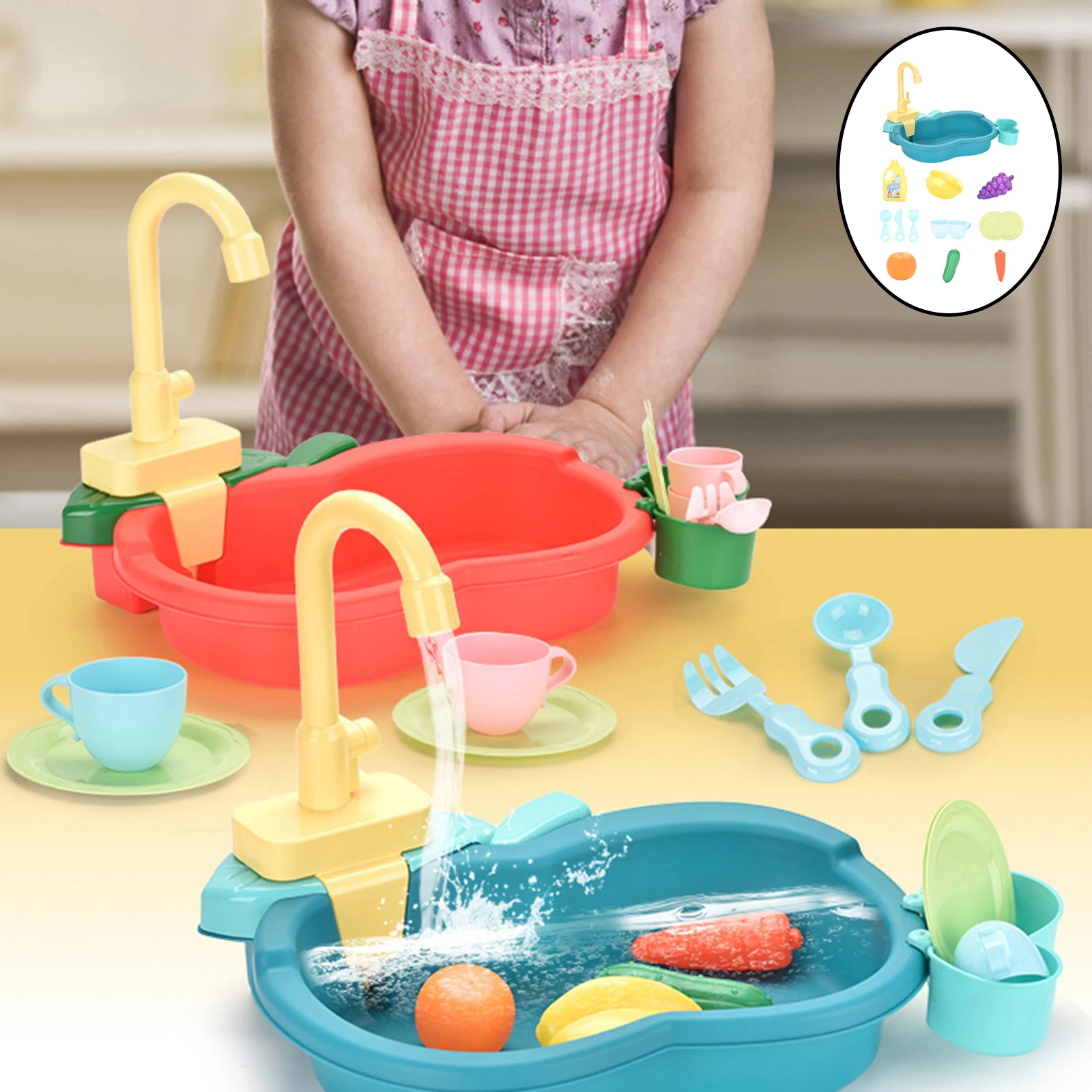 Simulated Play Sink Toys and Working Faucet Kitchenware Educational Role Playing Games for Kids Gifts