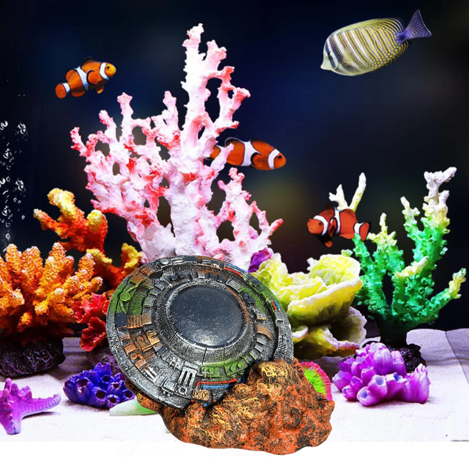 1pc Aquarium Ornament UFO Statue Landscaping Fish Tank Decoration Barrel Shelter Background Crafts Accessories
