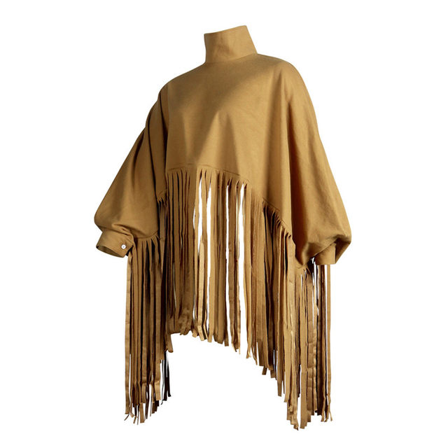 hirigin Womens High Neck Long Sleeve Fringe Top Plus Size Tassel Ponchos  Cape Cloak Coat Oversized Shawl Pullover Sweatshirt