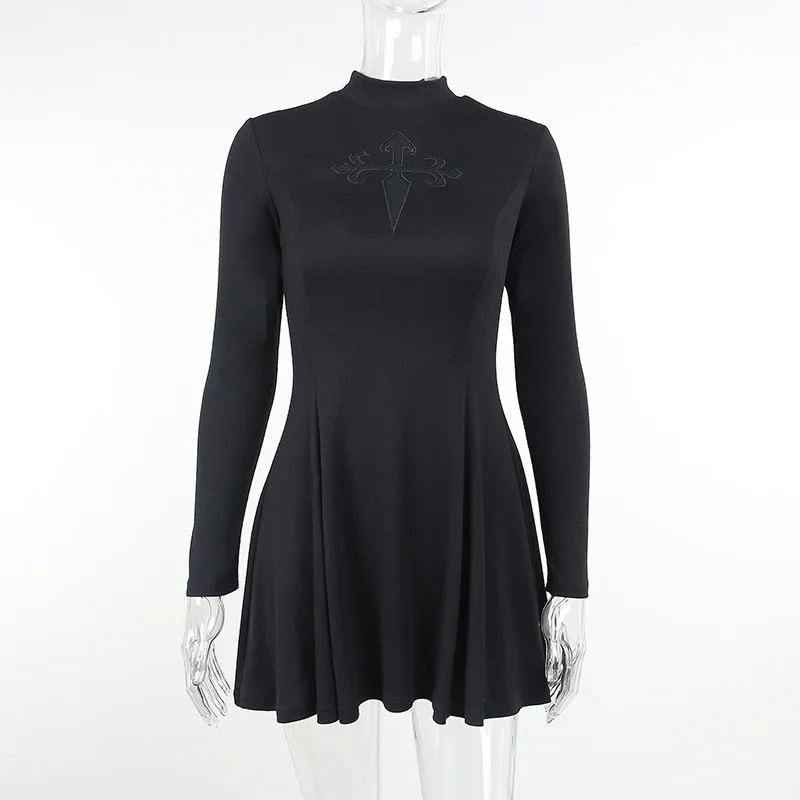 Punk Style Gothic Mini Black Dress E-girl Grunge Mesh Cross Hollow Out Vintage High Waist A-line Dress Women Harajuku Clothes