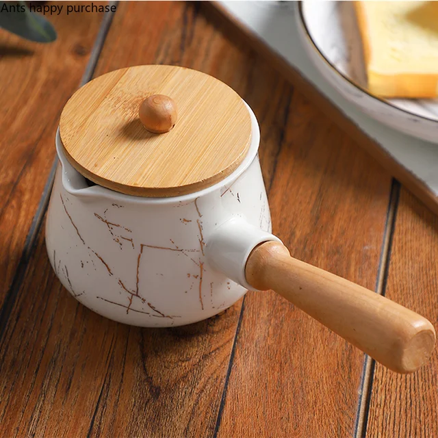 Jarra de leche de cerámica con patrón de oro blanco, mango de madera,  cafetera, accesorios de café, jarra de leche de escritorio con tapa de  madera - AliExpress