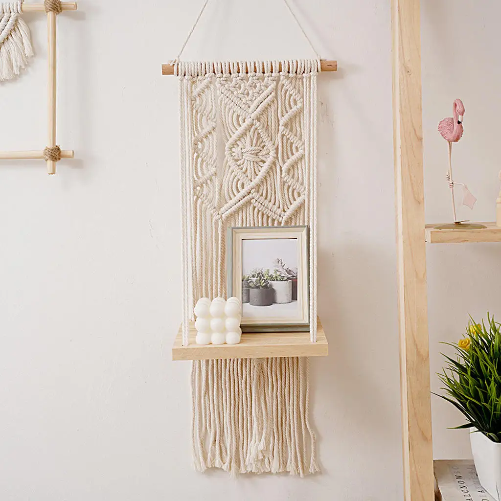 Woven Wall Shelf Tapestry Rack Hanging Handmade Wood Boho Style Plant Flower