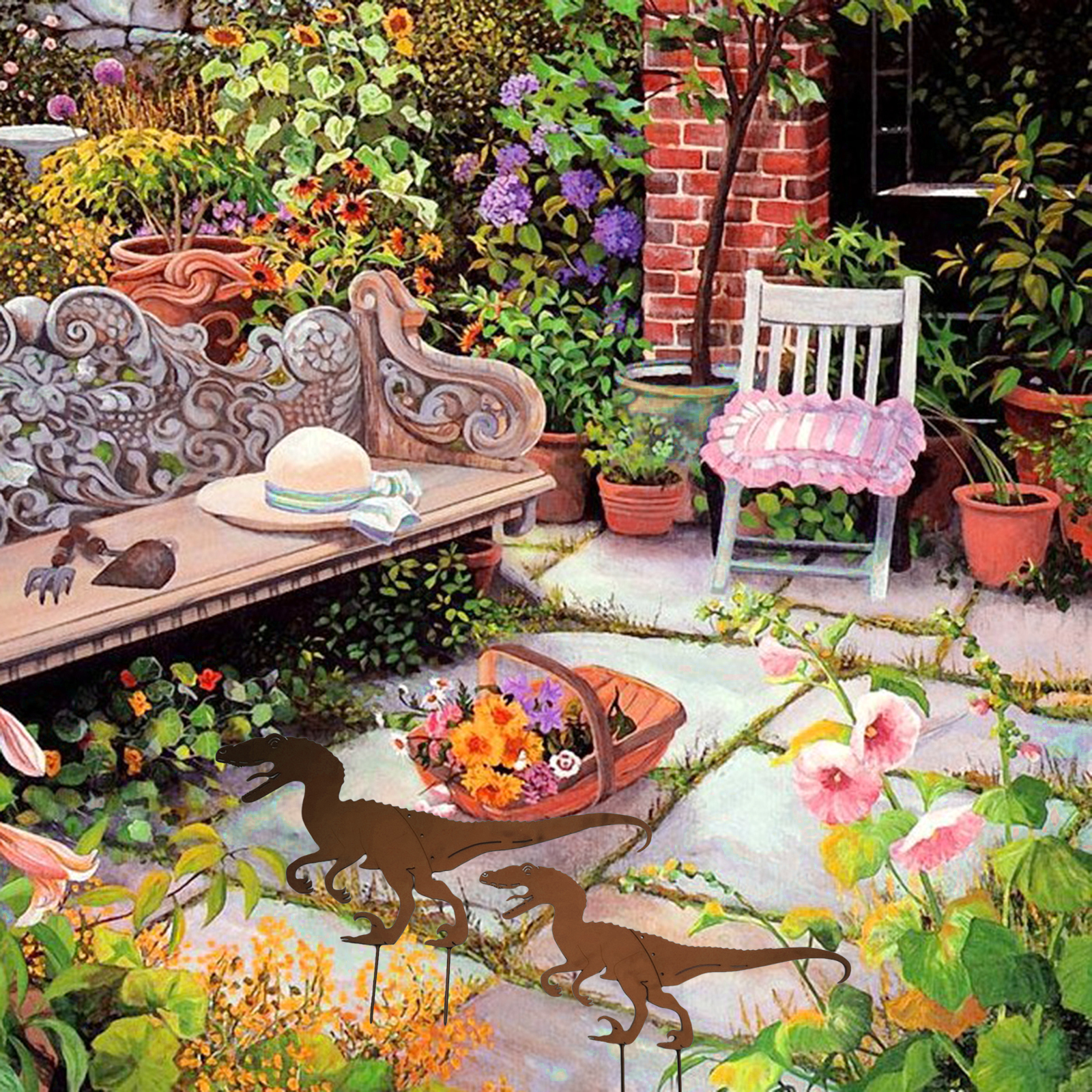 Dinosaur Silhouette Metal Garden Stake Garden Art Lawn Ornaments 2 Piece Set