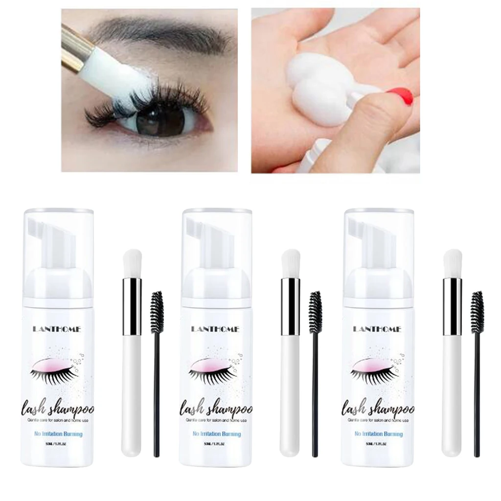 3x Shampoo Eyelash Extension 50ml Salon Eyelash Cleansing Foam Gentle No Stimulation Eyelash Extensions Brush Shampoo Kit