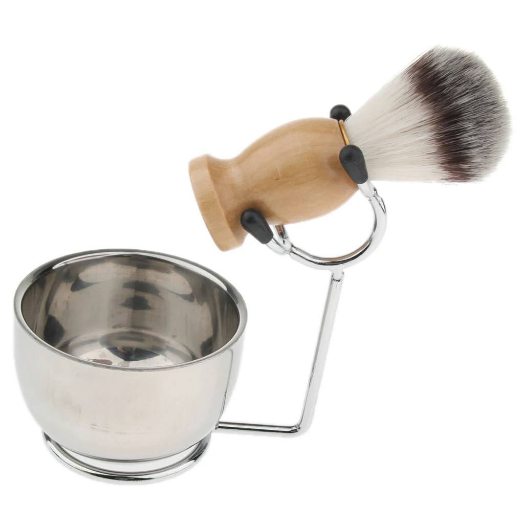 3 in 1 Men`s Shaving Set Beard Brush Stainless Stand Holder Bowl Soap Mugs