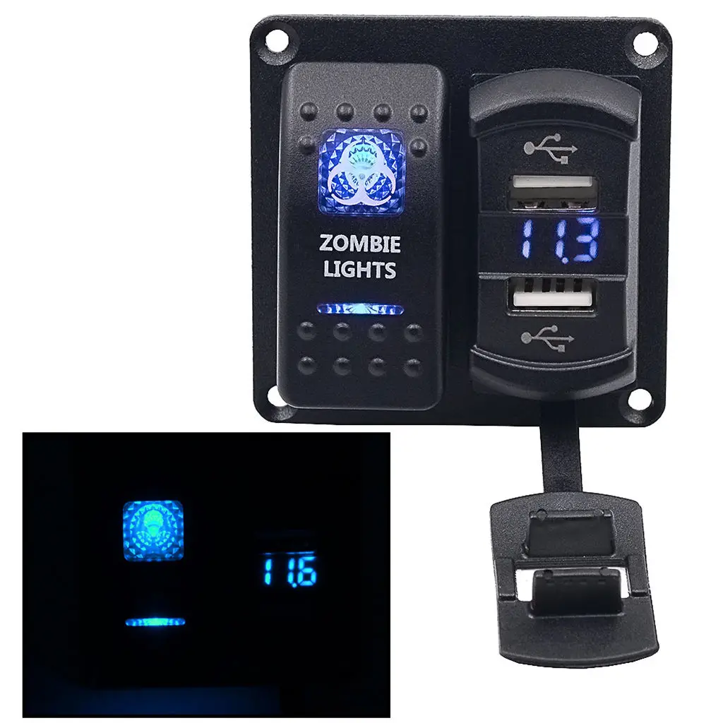 Zombie Lights Push Switch + Dual USB Port Charger + Voltmeter DC 12/24V Car
