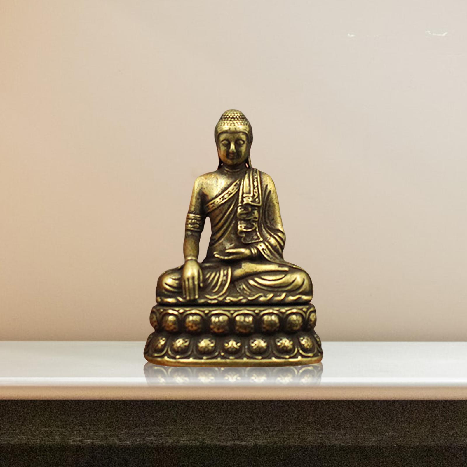 Vintage Brass Sitting Buddha Figurine Small Sakyamuni Statue for Collection Journey Worship Antique Home Desktop Decor