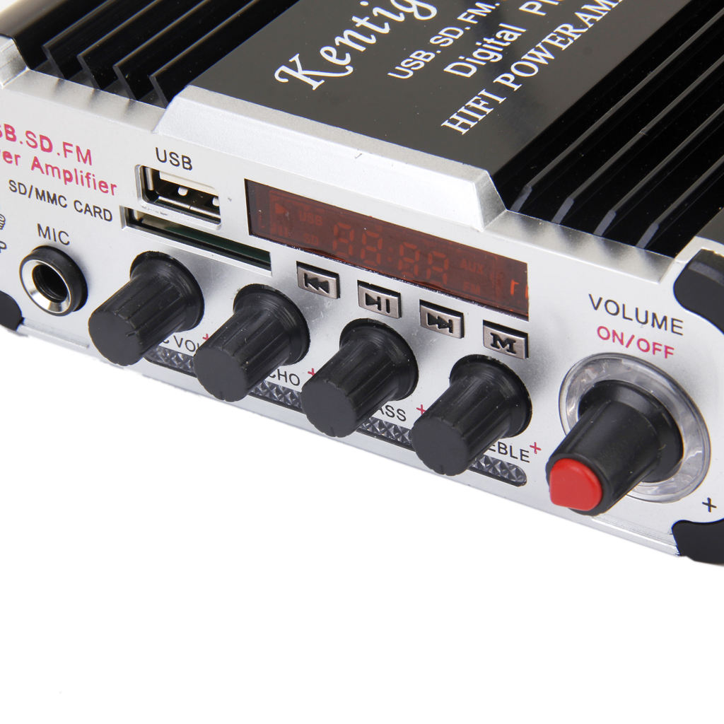 12V HY-600 2CH Mini Stereo Microphone Power Amplifier 20Wx2 USB SD FM Black