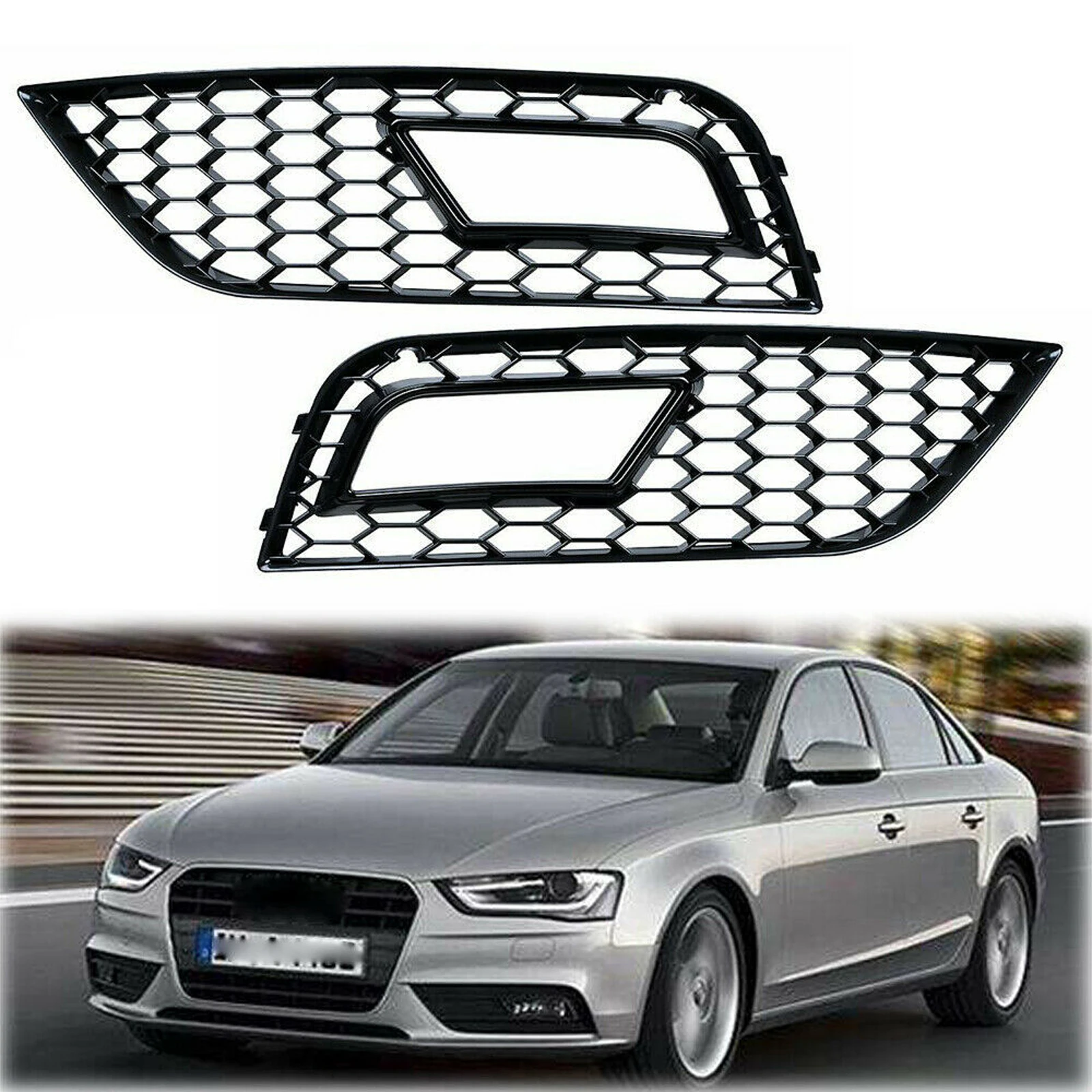2 Pieces Glossy Black Front Fog Light Grilles for Audi A4 B8.5 2013-2016