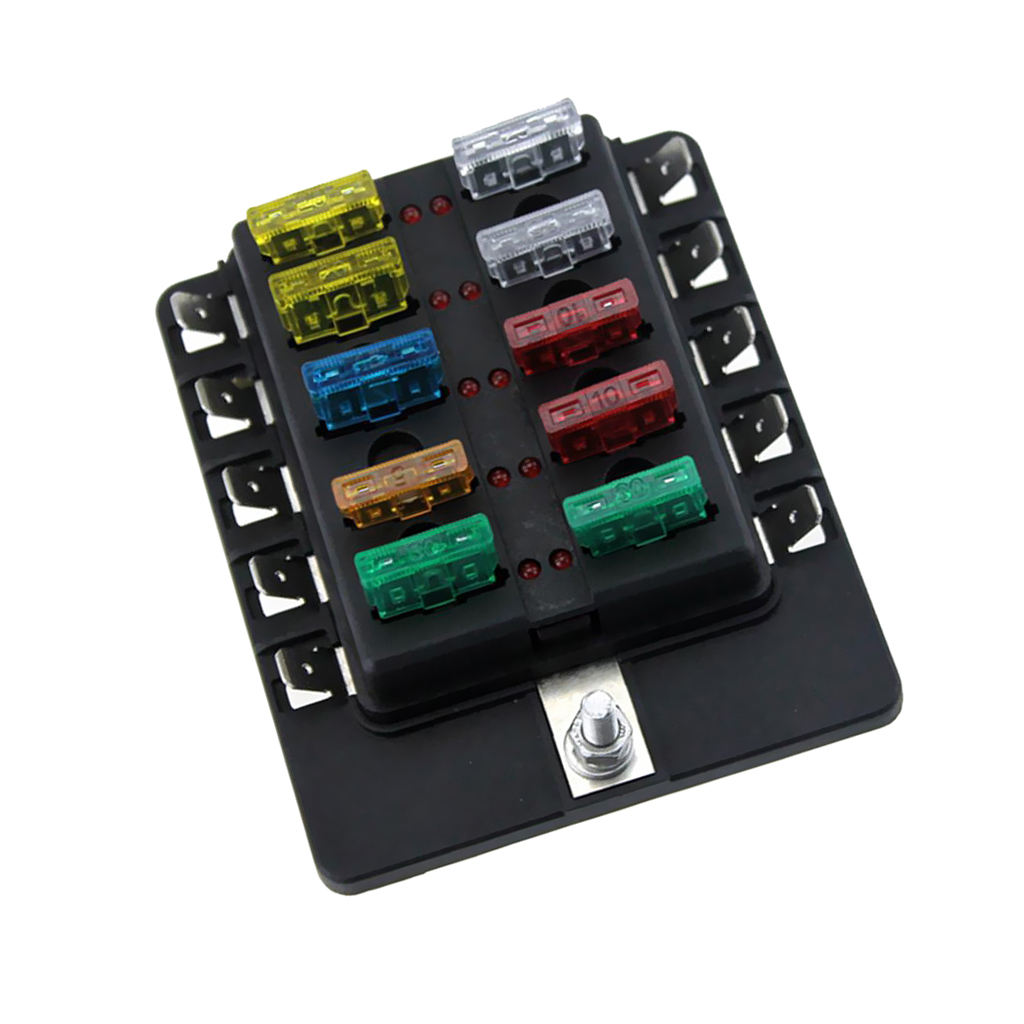 Car Boat 6V/12V/24V 10 Way Fuse Box Holder and Fuse with Red LED Light Kit