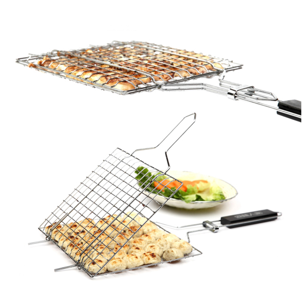 Outdoor BBQ Meat Grill Basket Clip Barbeque Stainless Steel Wire Tray Net