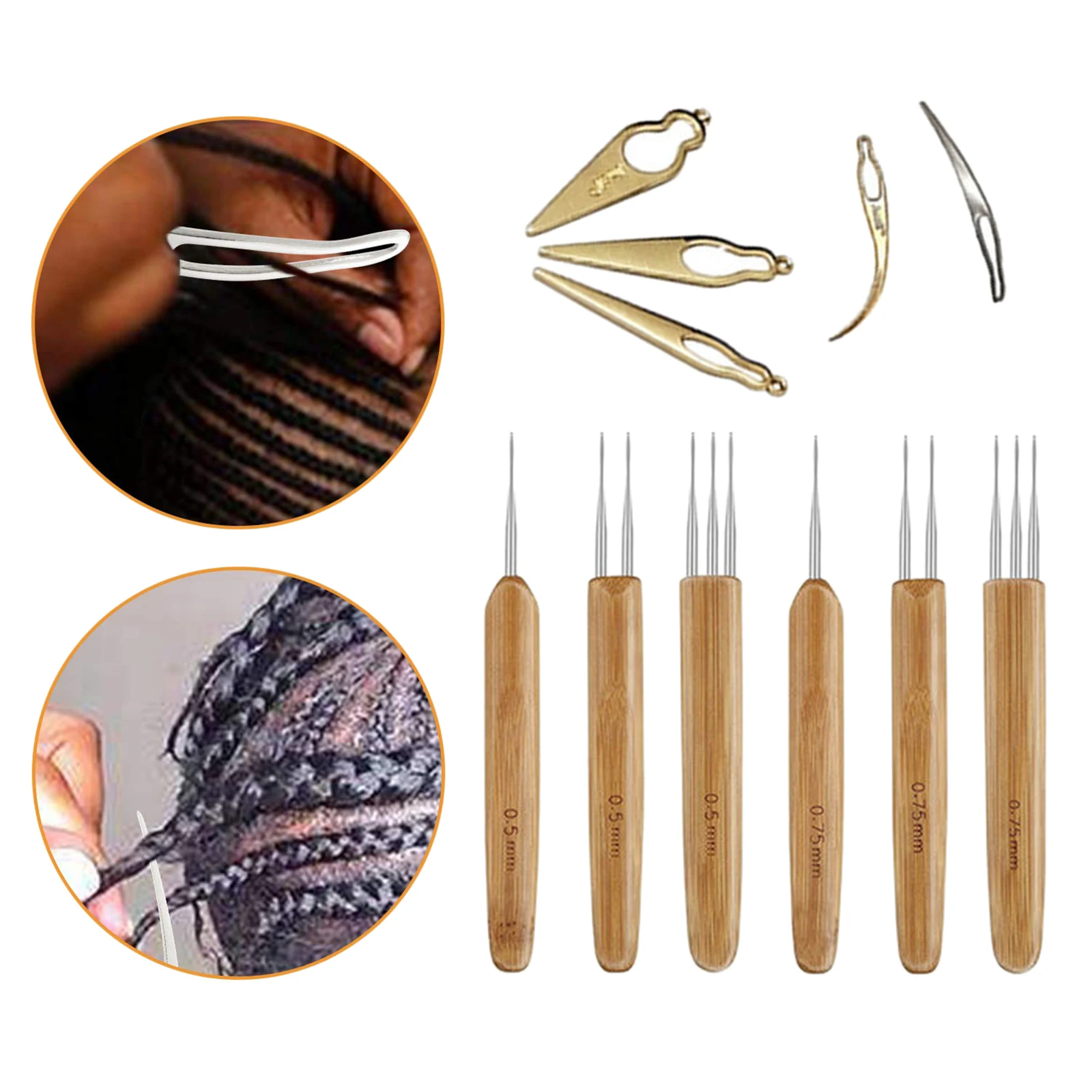 11Pcs/Set Crochet Needle Hooks For Dreadlock Braiding Hair Making Bamboo Handle With One Double Triple Head Braid Craft Accs