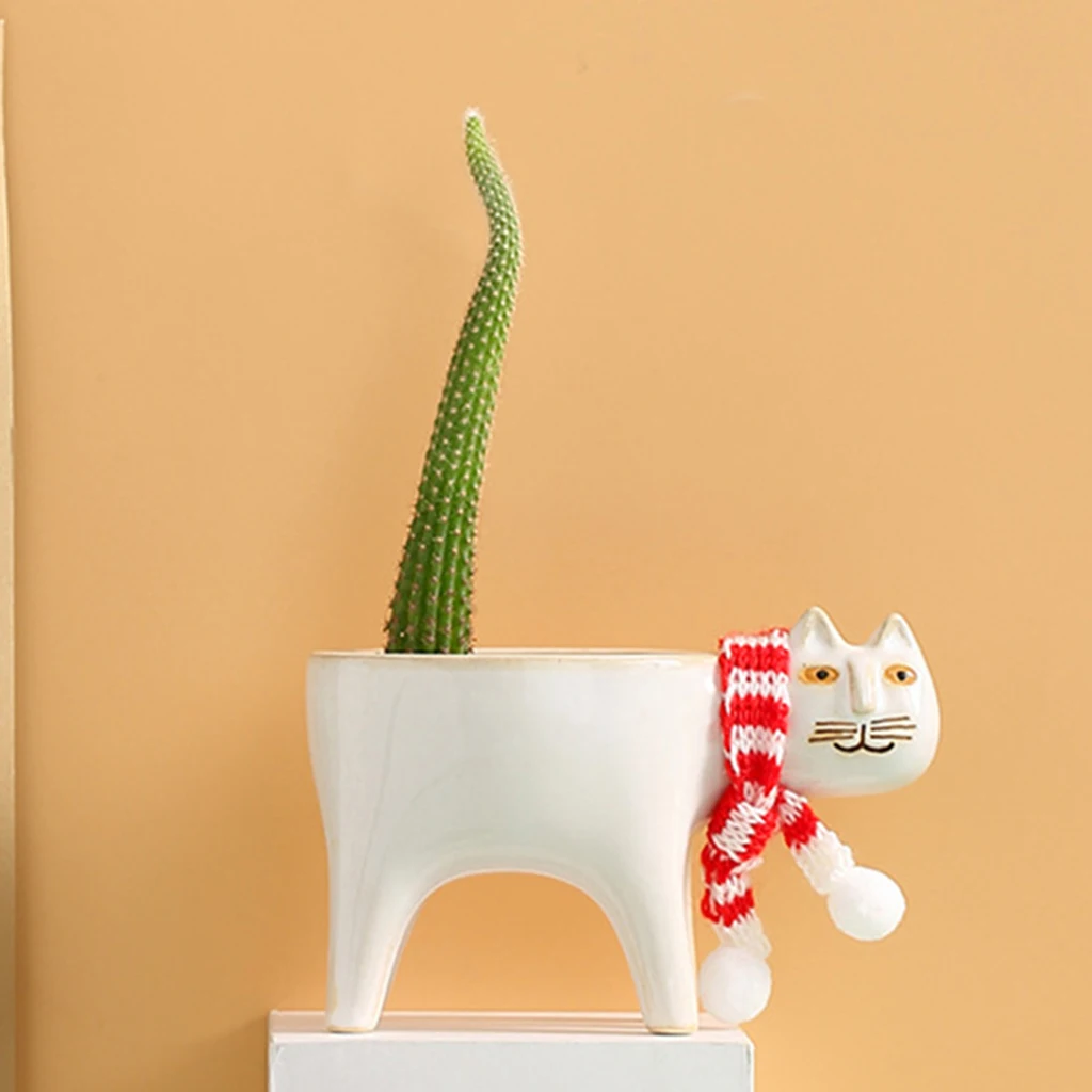 Creative Cat Tail Ceramic Flower Planter Pot Micro Landscape Cactus Succulent Pots Flowerpot with Drainage Hole Decorative