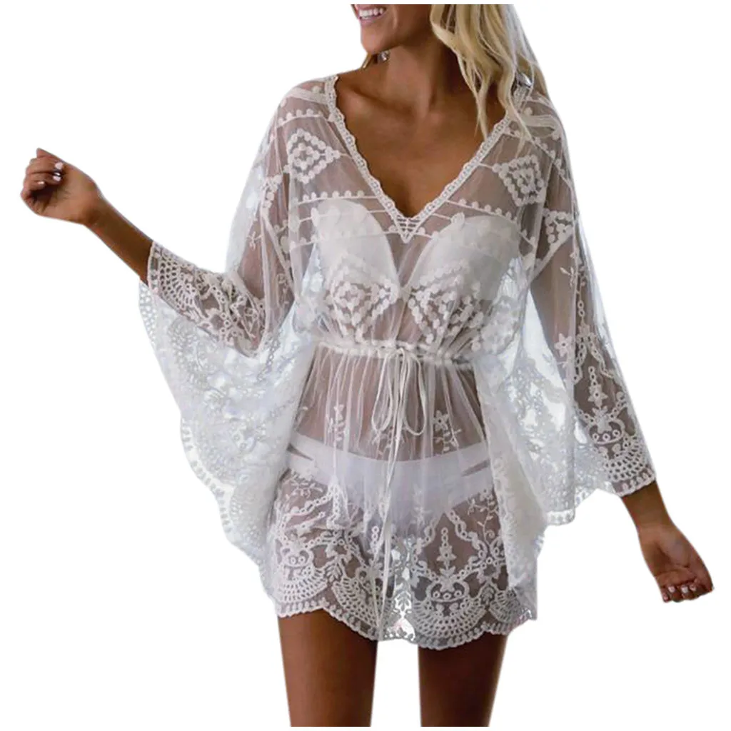 bathing suit coverups Lace Cover Up Ladies Beachwear Lace Mesh Embroidery Bikini Cover Up Holiday Beach Dress V-Neck Transparent Cover Up Swimwear bathing suit with matching cover up